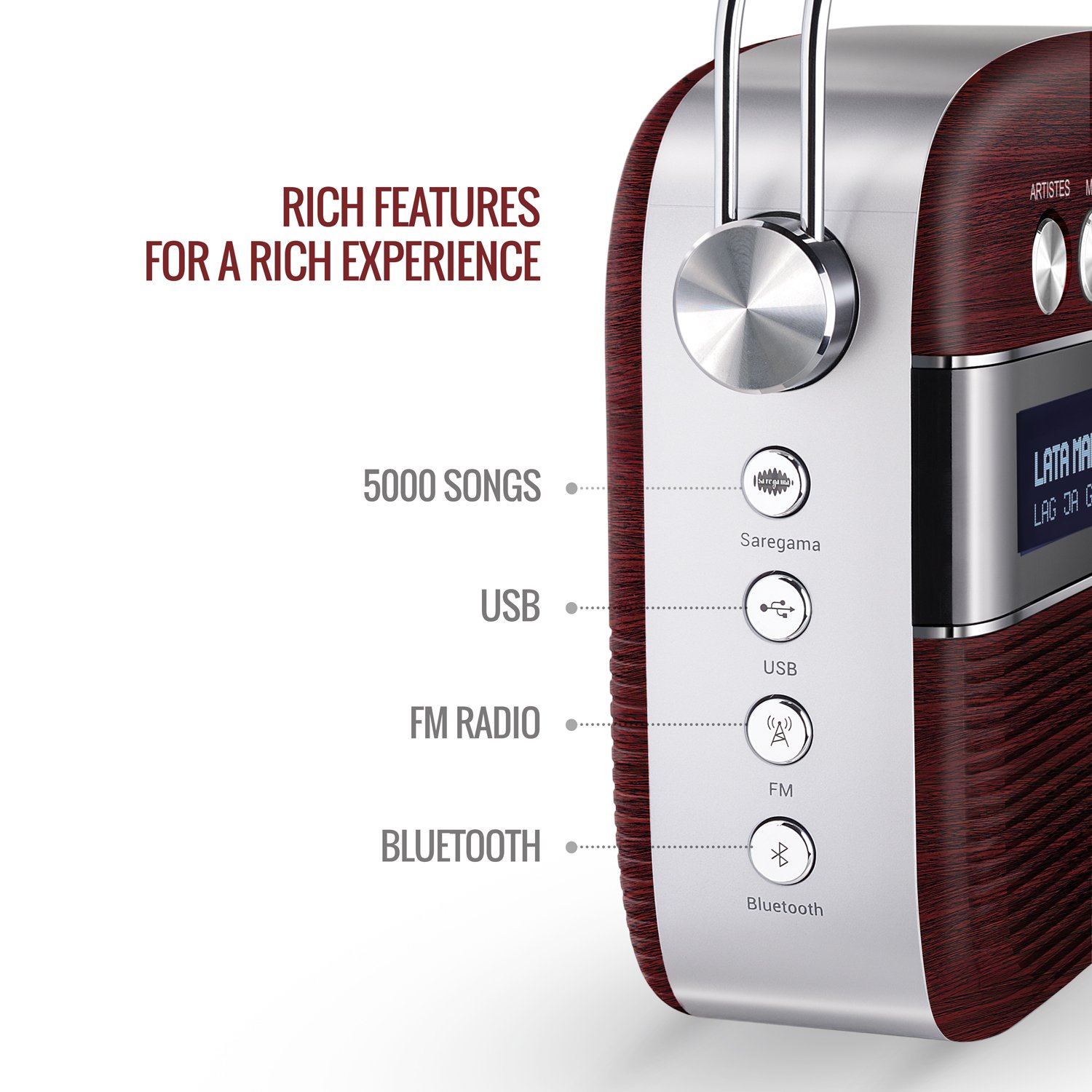 Saregama Carvaan Hindi - Portable Music Player with 5000 Preloaded Songs, FM/BT/AUX (Cherrywood Red) - View 7