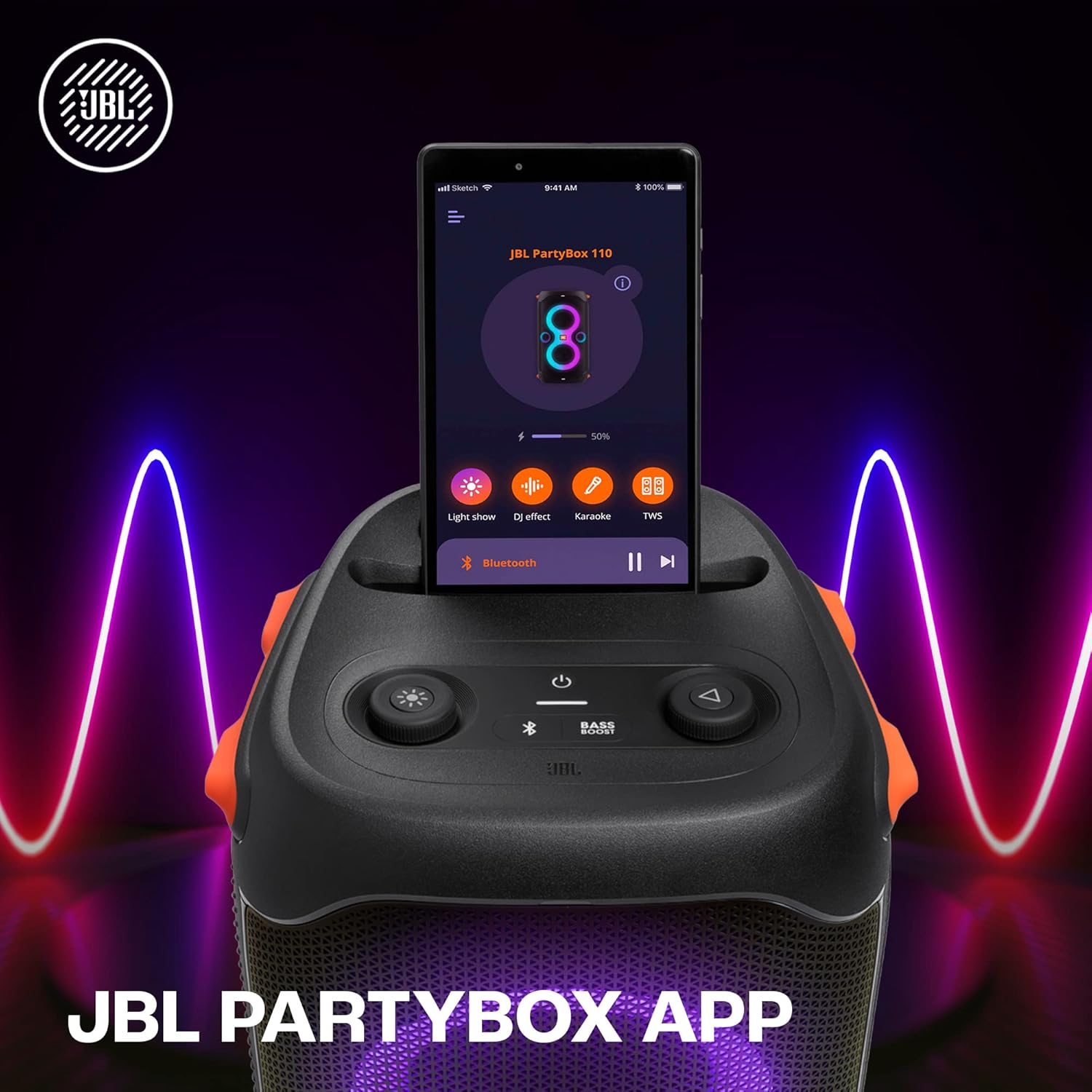 JBL Partybox 110, Wireless Bluetooth Party Speaker, 160W Monstrous Pro Sound, Dynamic Light Show, Upto 12Hrs Playtime, Built-in Powerbank, Guitar & Mic Input, PartyBox App, Splashproof (Black) - View 6