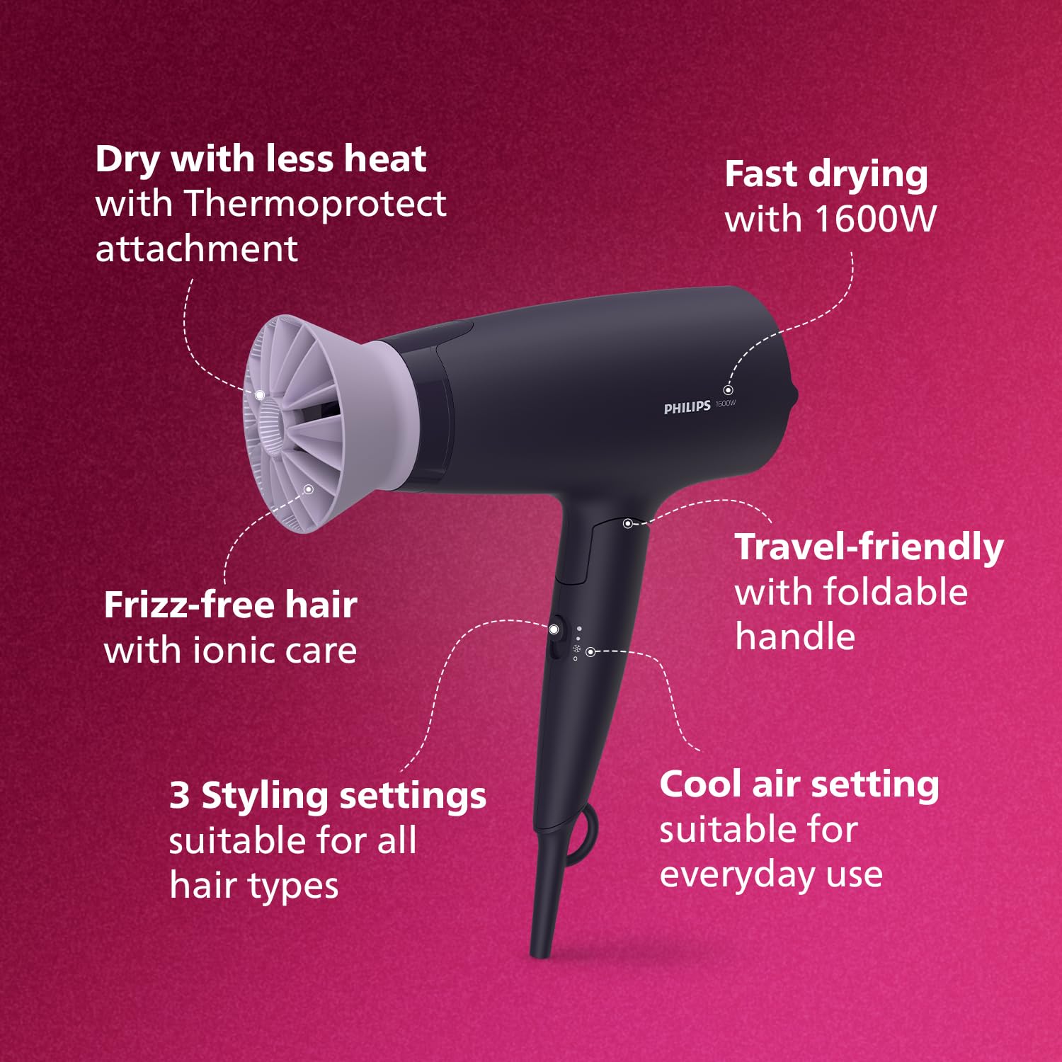 Philips Hair Dryer Powerful Drying with Less HeatIIonic Care for Smooth & Shiny HairI 3 Styling Options for Salon like BlowdryI 1600 WattsI Cool ShotI Men & WomenI 2 Year WarrantyI BHD318/00, Purple - View 8