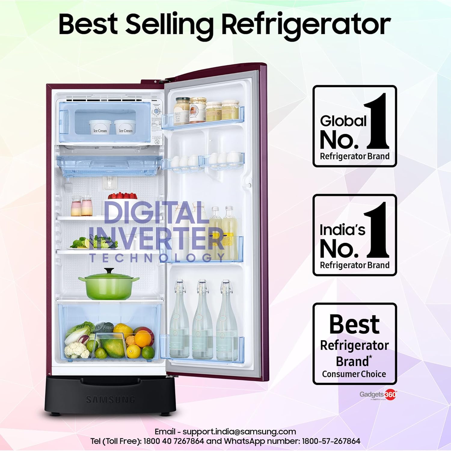 Samsung 183 L, 4 Star, Digital Inverter, Direct-Cool Single Door Refrigerator (RR20C1824CR/HL, Red, Camellia Purple, Base Stand Drawer) - View 4