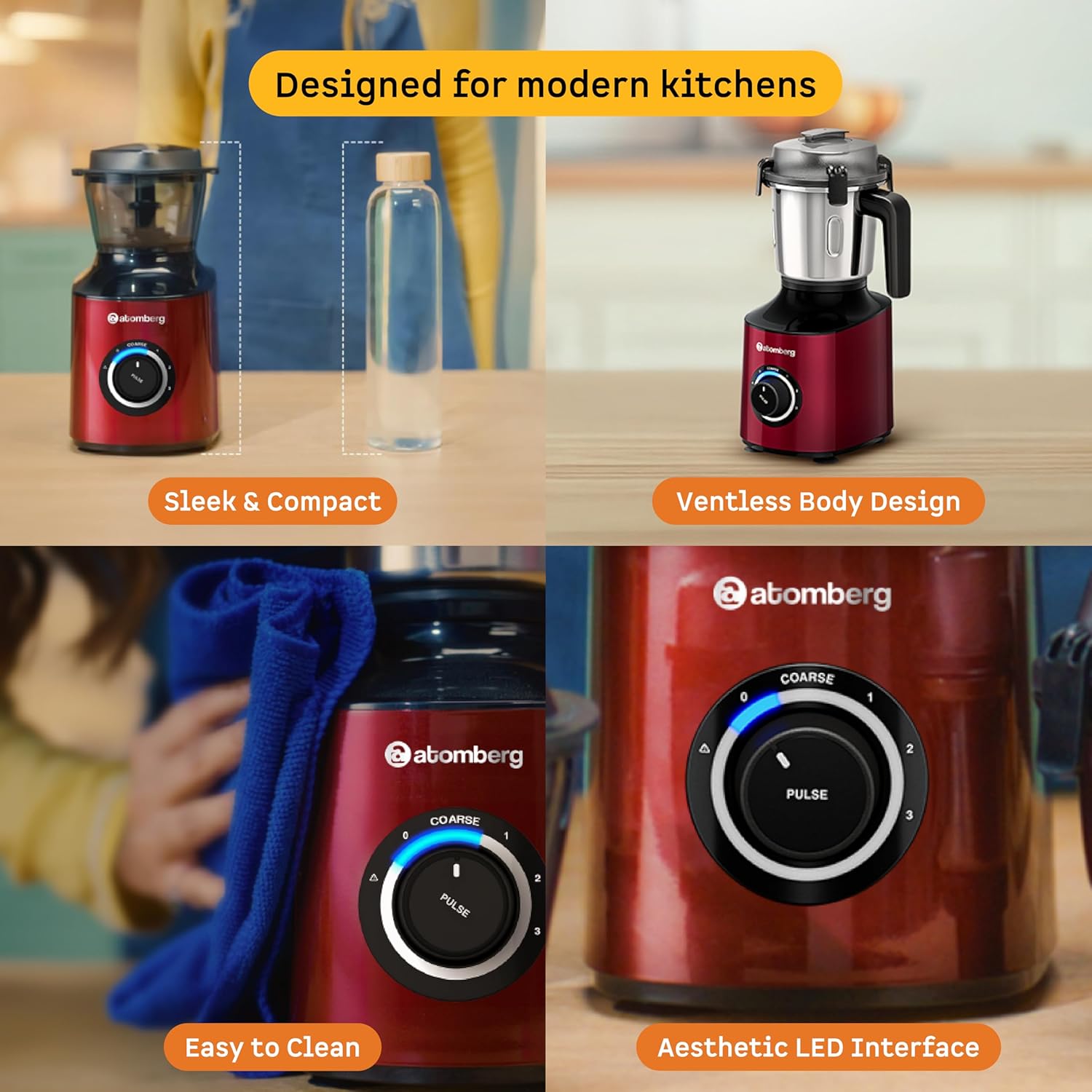 Atomberg Zenova Mixer Grinder | Unique Coarse Mode for Silbatta-like Texture | Intelligent BLDC Motor | Safety Features | 4 Jars including Chopper | Hands-Free Operation (Red Wine) - View 5