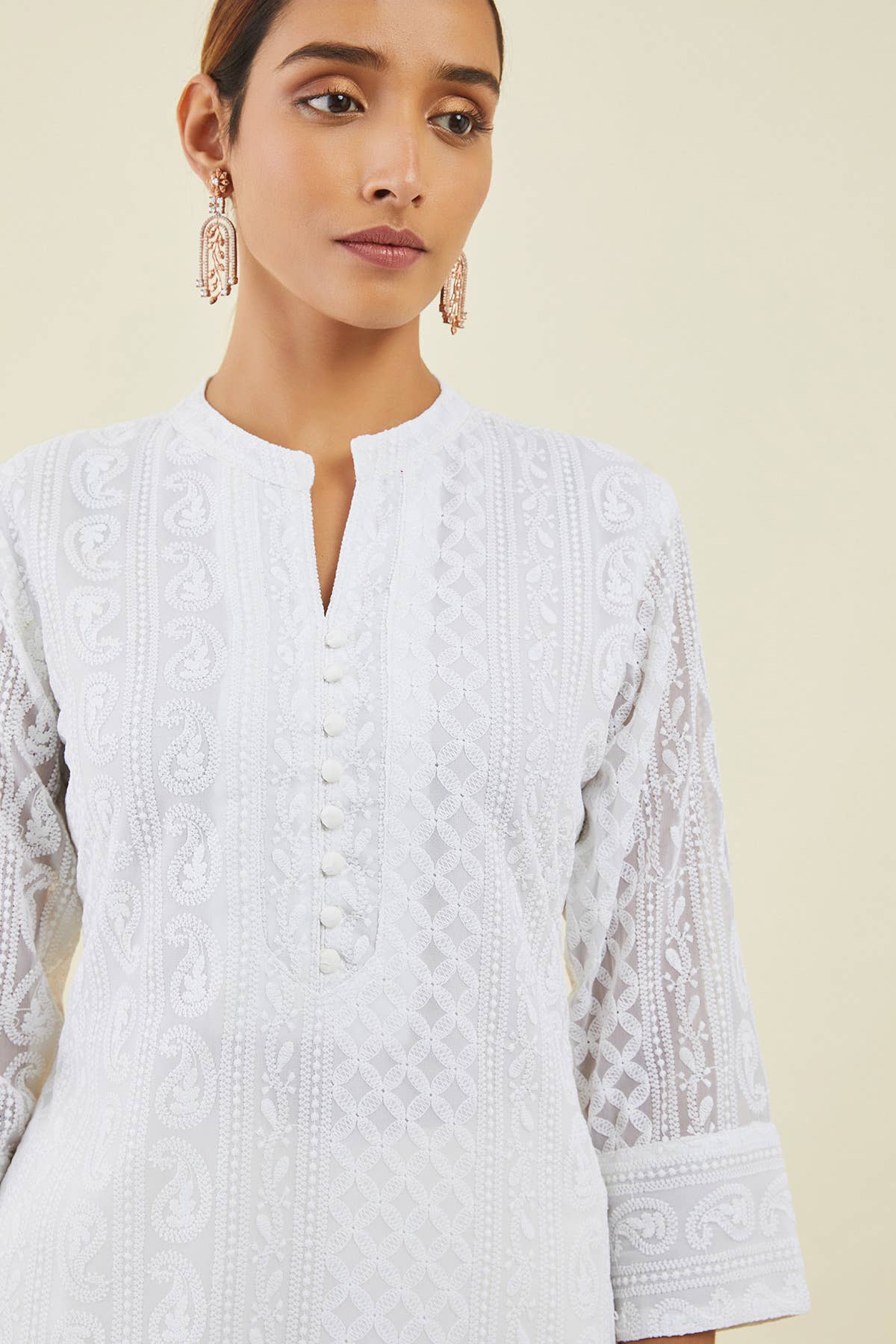 Off White Georgette Straight Kurta With Self Embroidered Designs