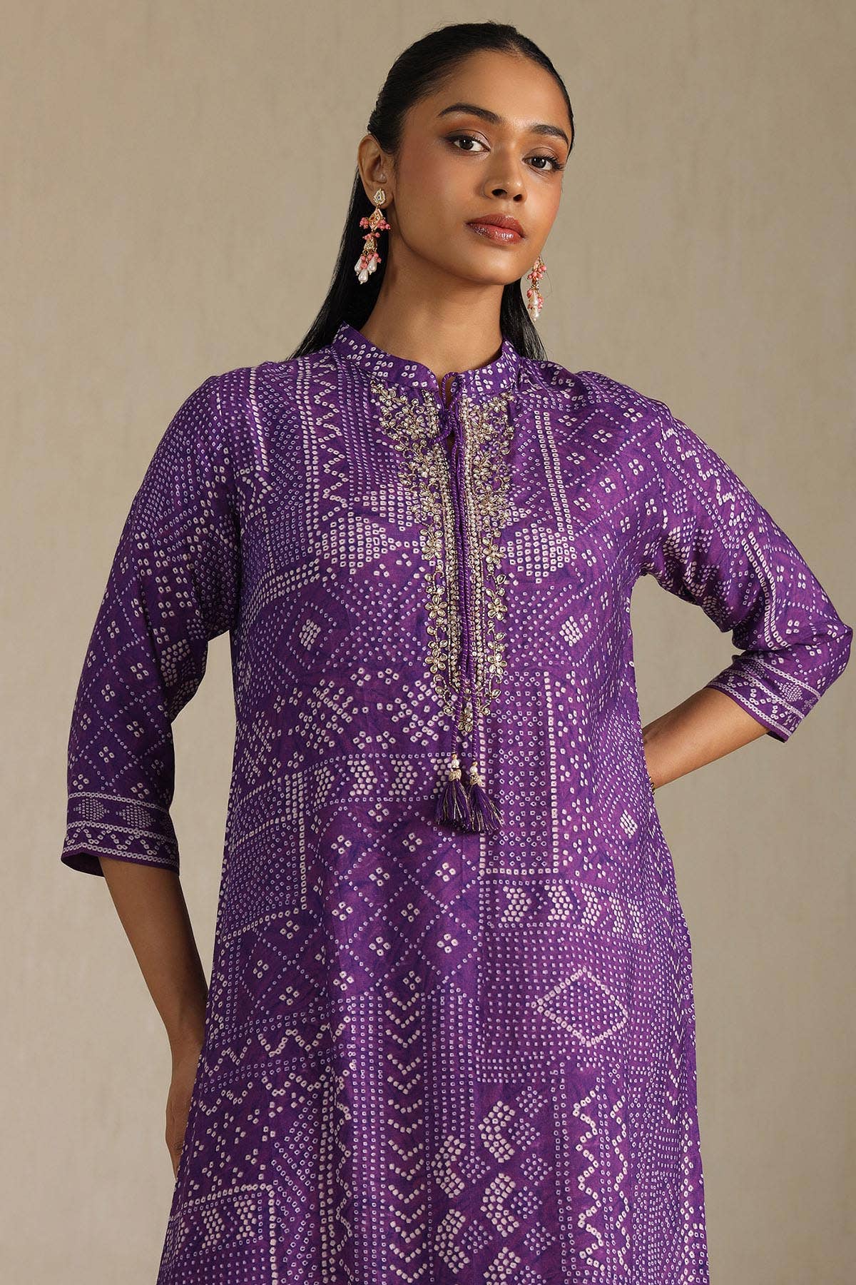 Purple Muslin Bandhani Printed Kurta With Zardosi