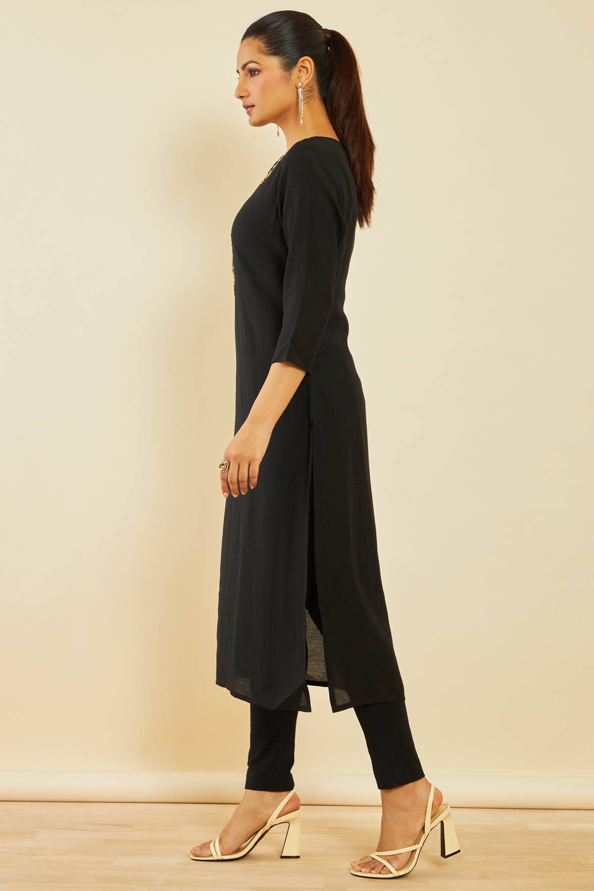 Black Viscose Blend Straight Kurta with Floral Cutdana Work - View 2