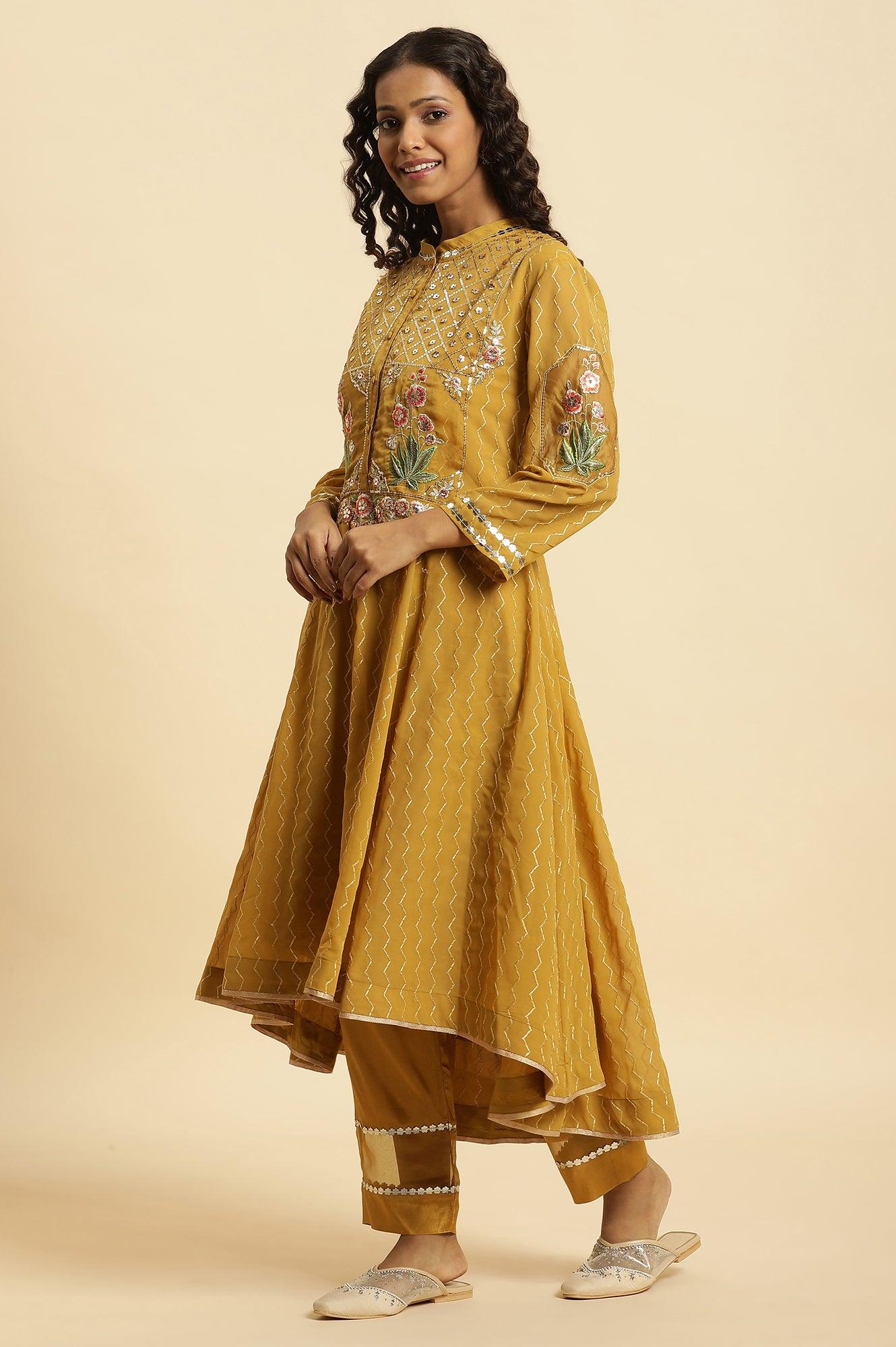 Yellow Embroidered Kurta, Pants And Dupatta Set - View 6