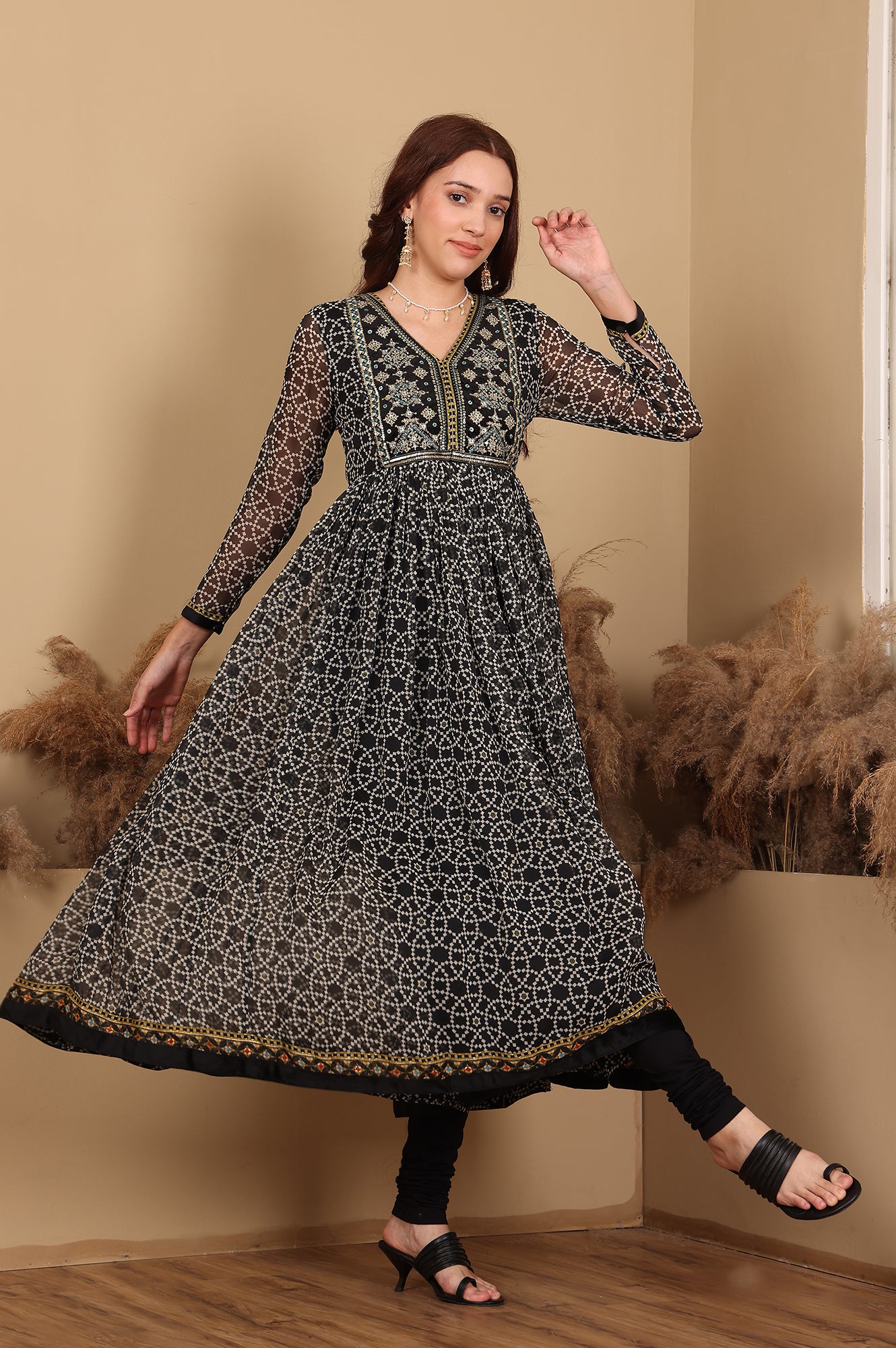 Black Printed Gathered Chiffon Kurta With Embroidery, Churidar And Dupatta Set - View 4