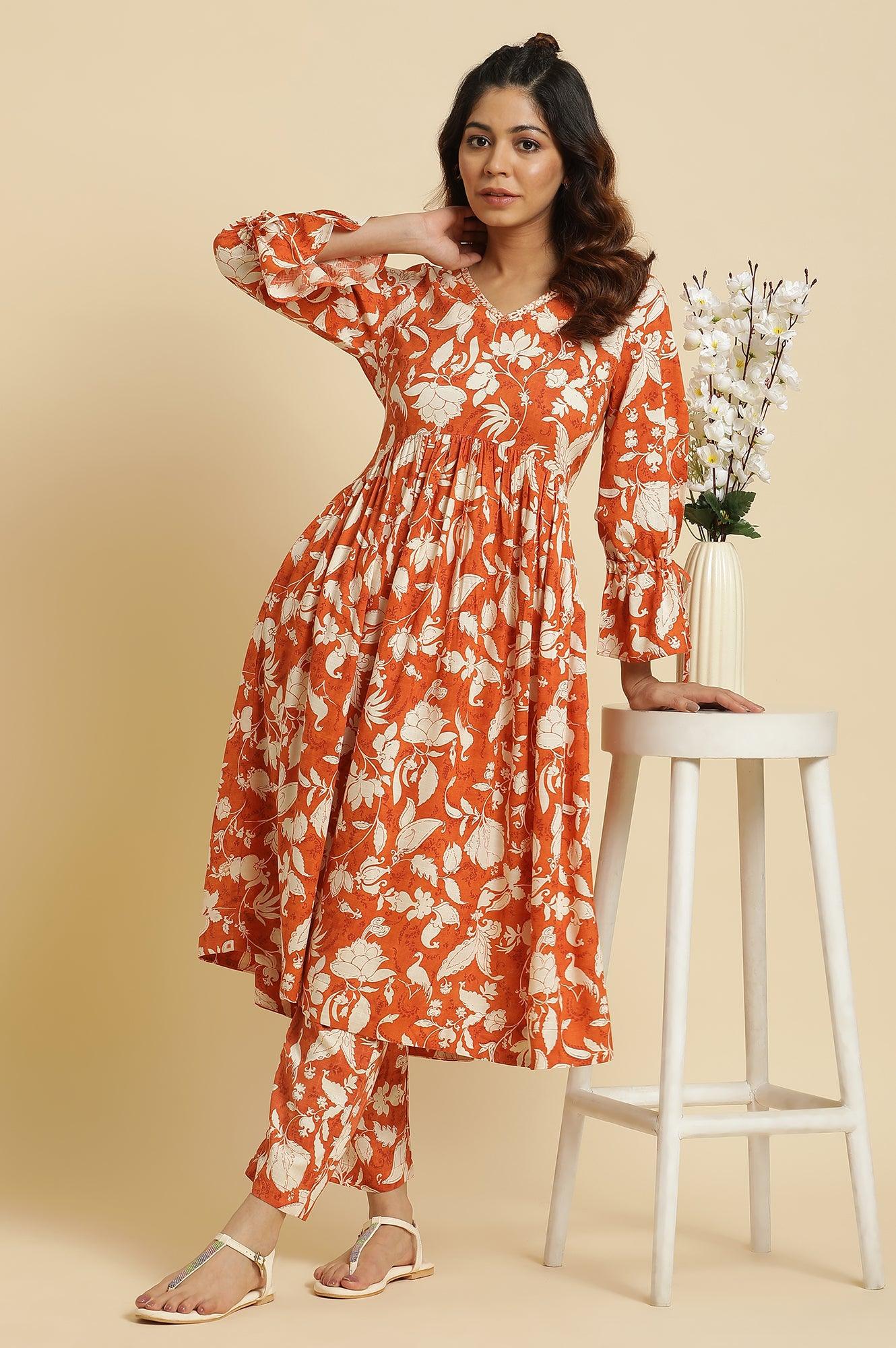 Dark Orange Floral Printed Kurta & Pants Co-Ord Set - View 8