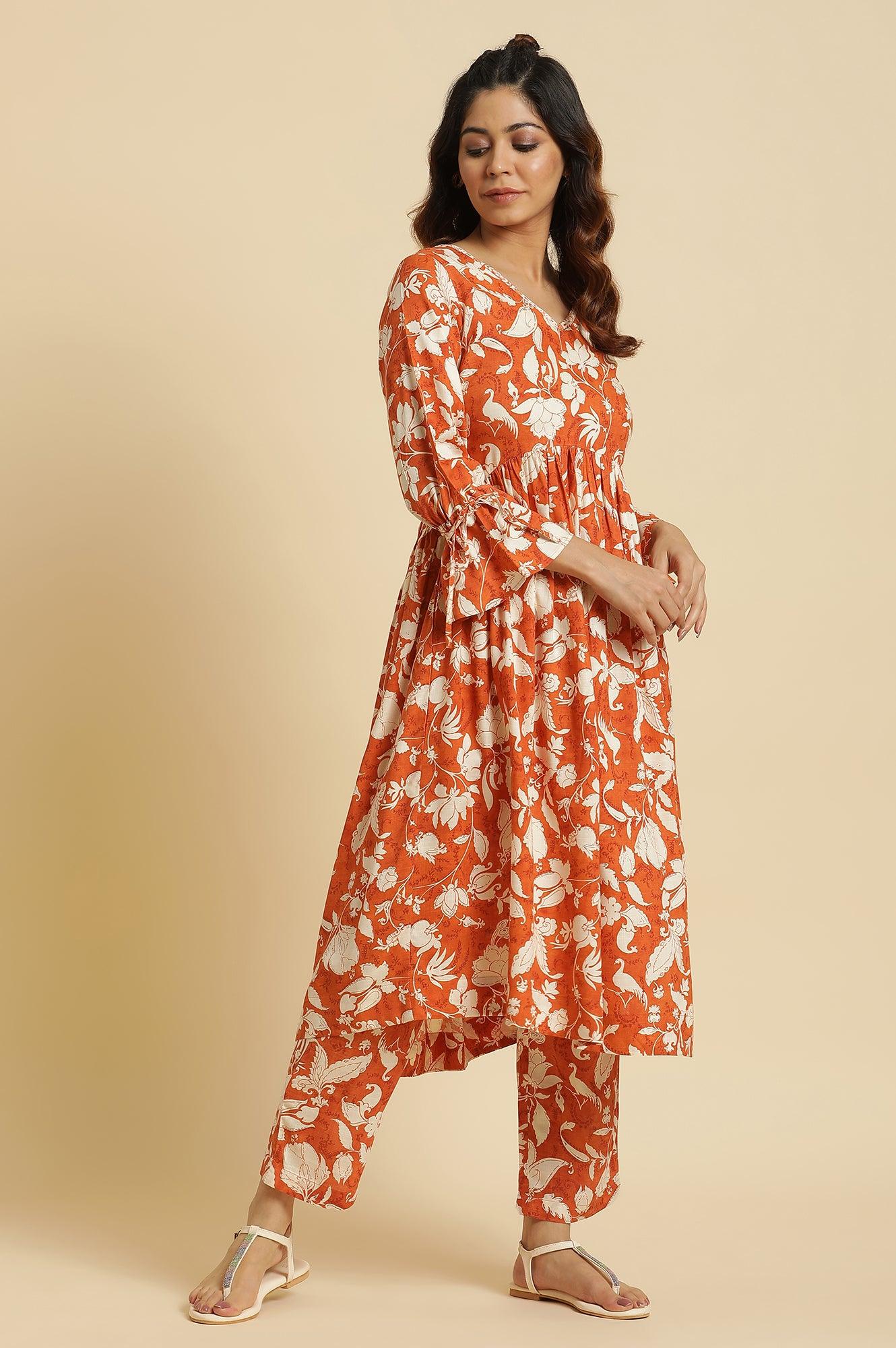 Dark Orange Floral Printed Kurta & Pants Co-Ord Set - View 5