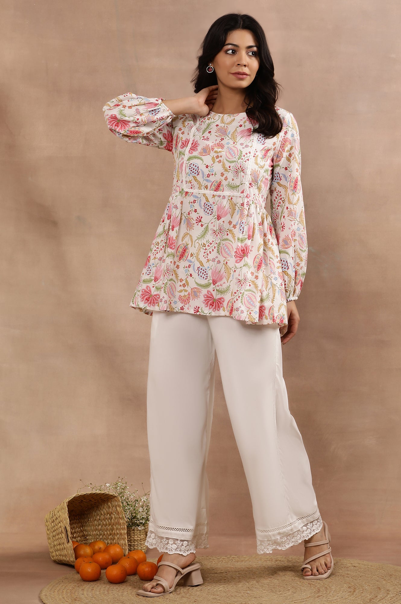 White Floral Printed Pure Cotton Top And Parallel Pants Set - View 6