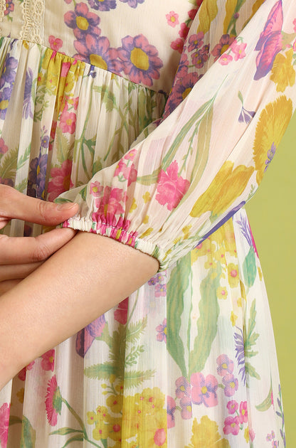 Floral Printed Flared Polyester Dress - View 2