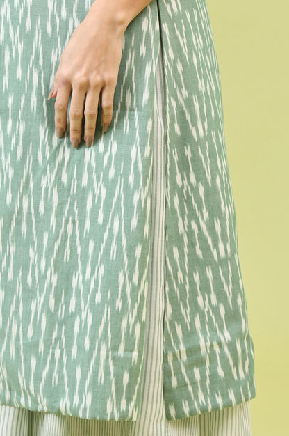 White and Green Geometric Printed Flared Spaghetti Dress and Gilet Set - View 2