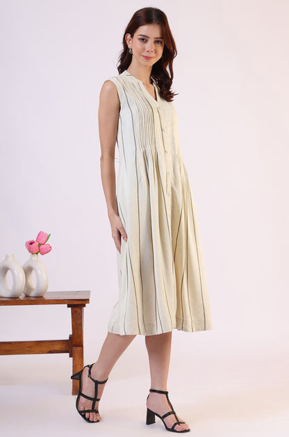 Off -White Striped Cotton Blend Flared Western Dress - View 3