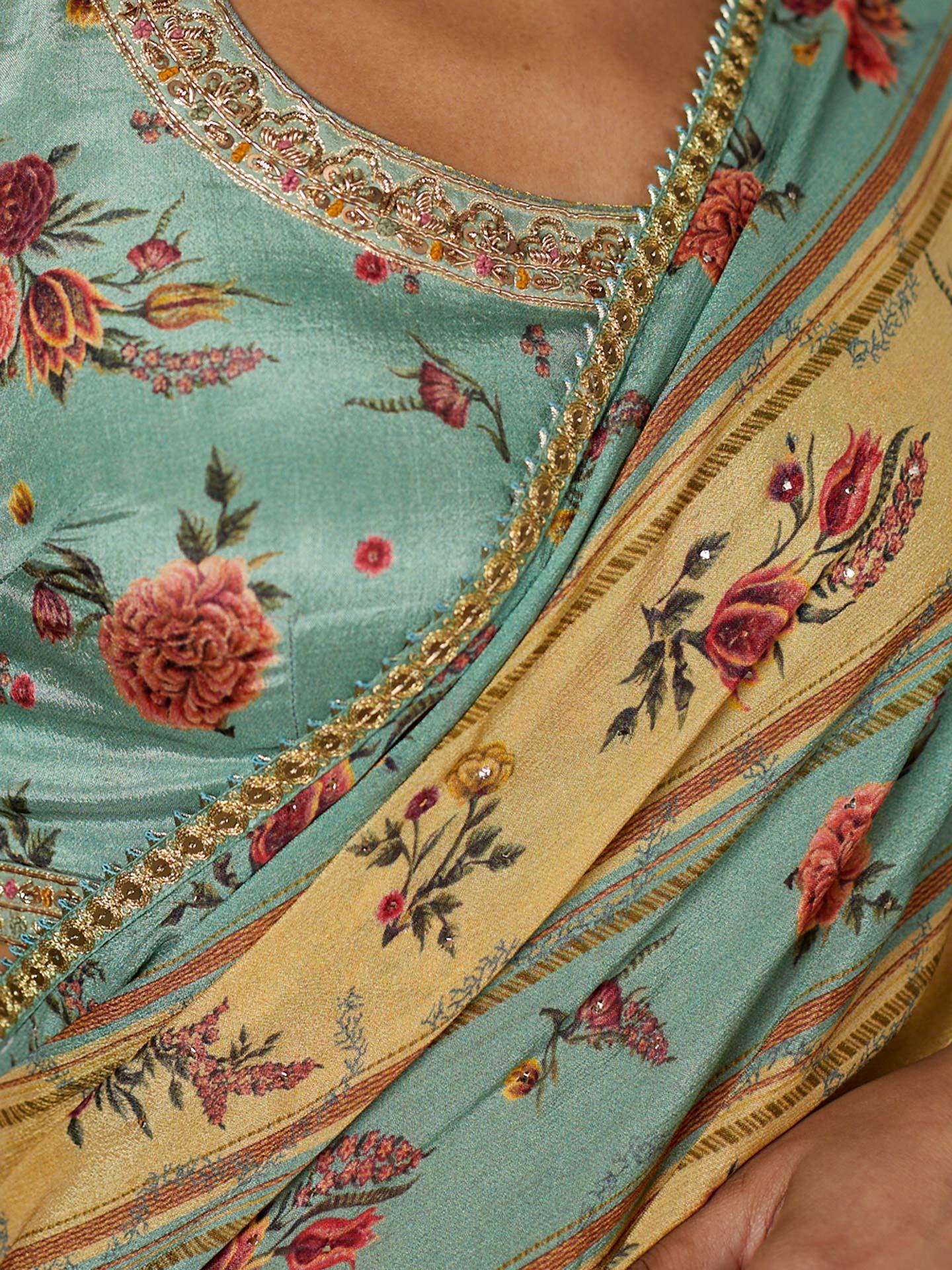 Light Teal Dahlia Saree With Unstitched Blouse - View 3