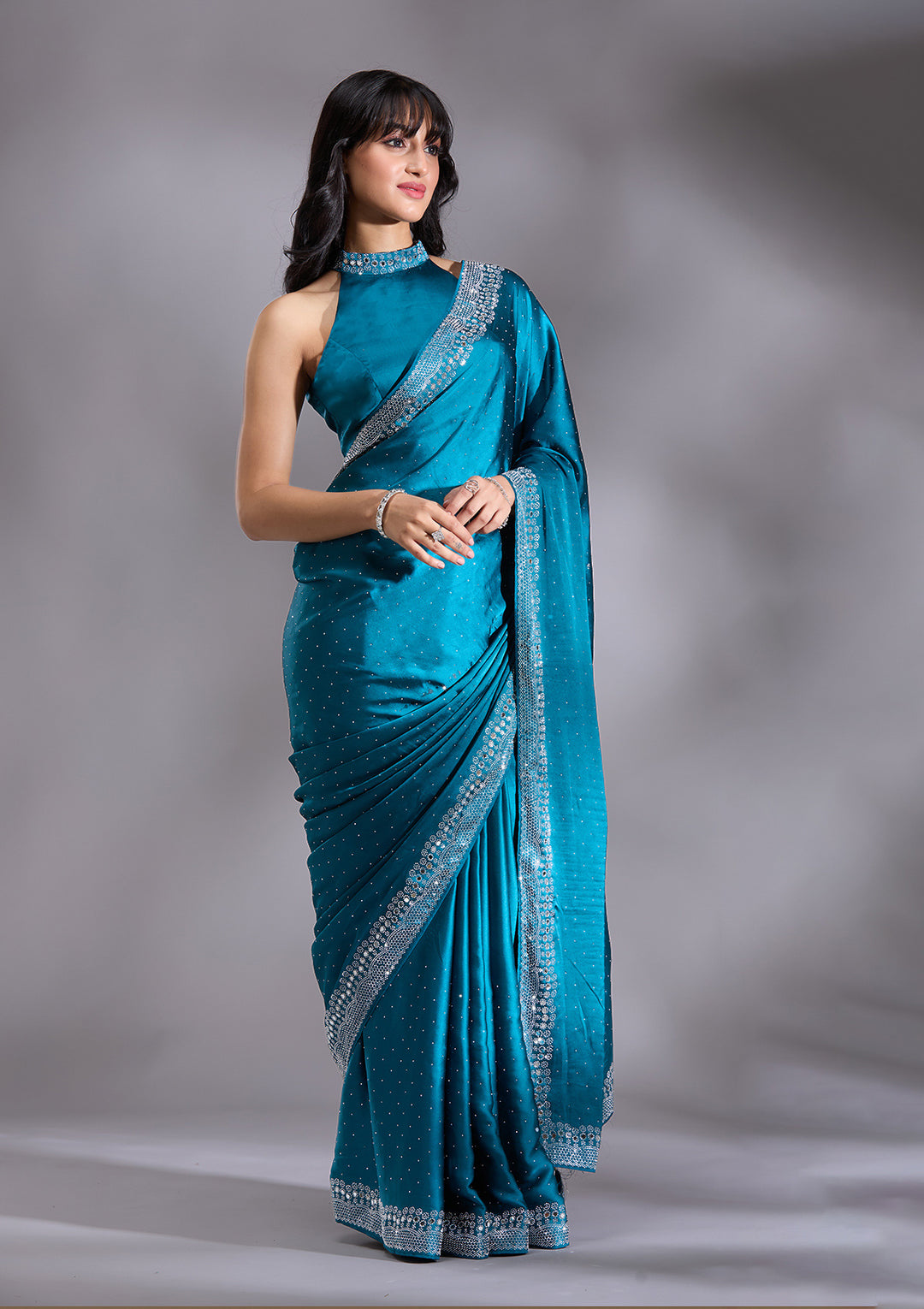 Peacock Blue Silver Stonework Satin Saree - View 3