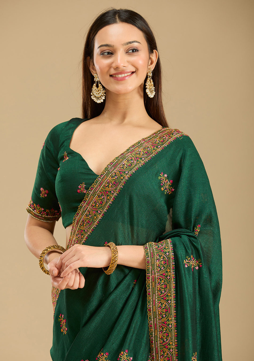 Bottle Green Kashmiri Soft Raw Silk Saree - View 5