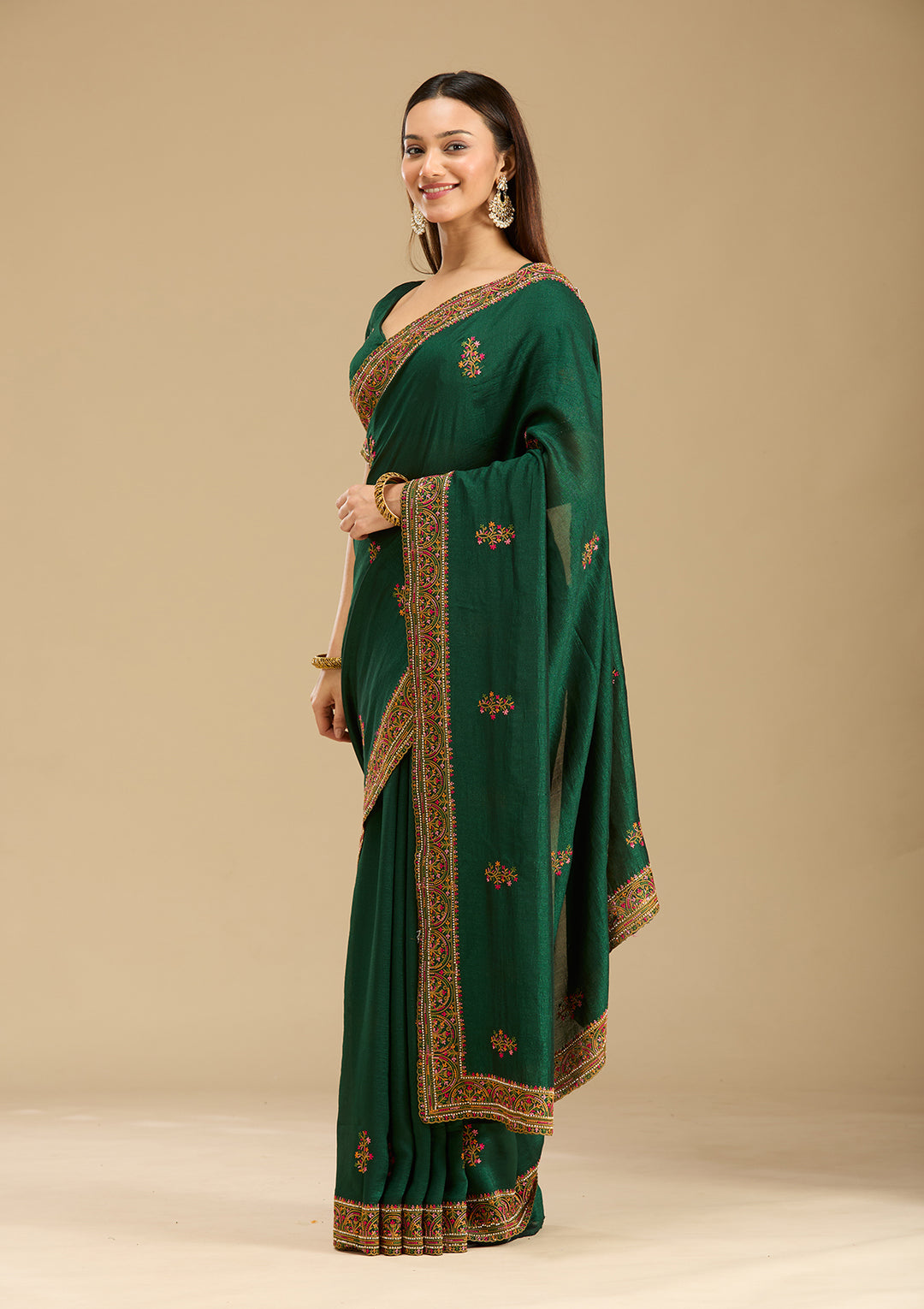 Bottle Green Kashmiri Soft Raw Silk Saree - View 2