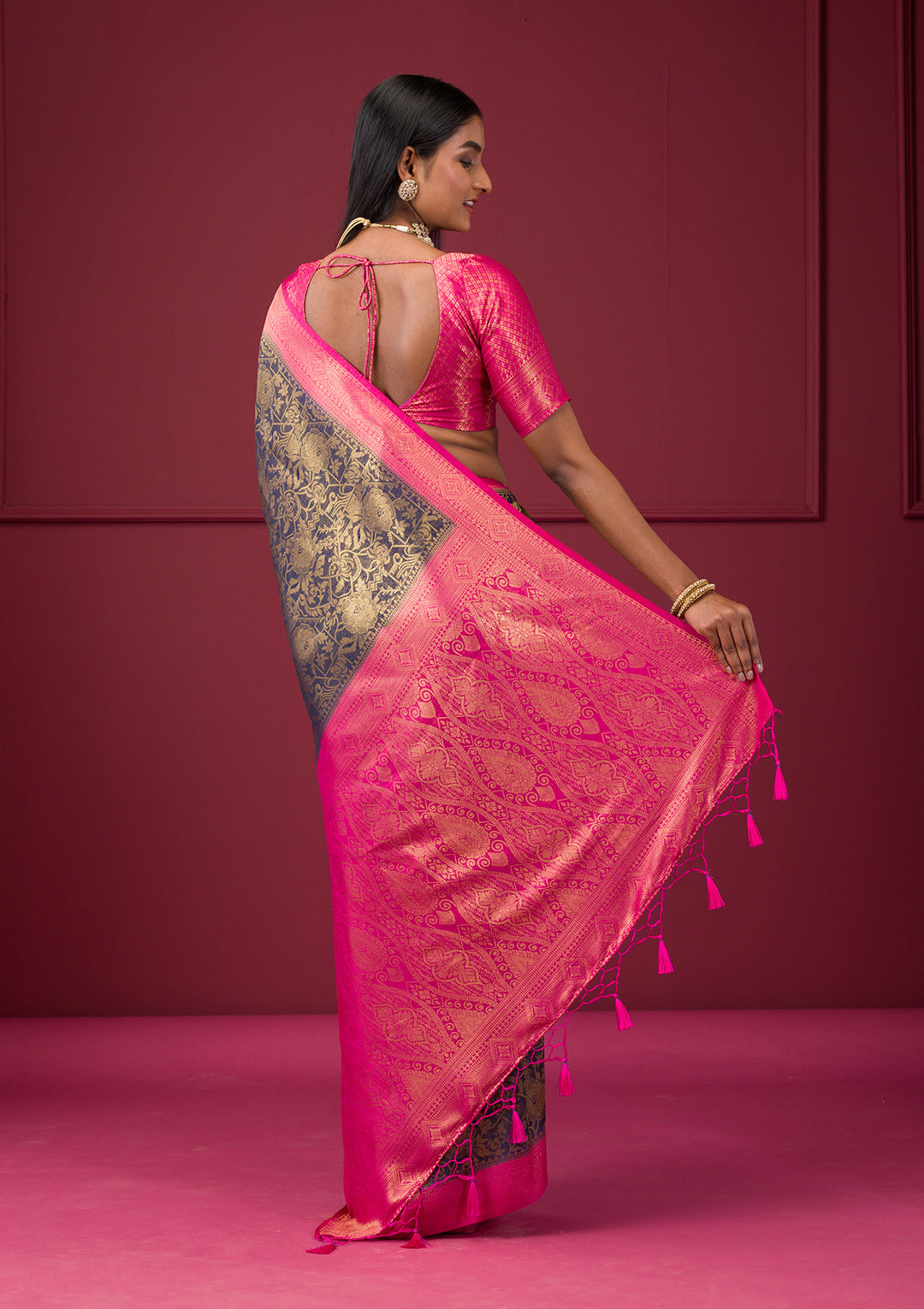 Navy Blue Zariwork Soft Silk Saree - View 7