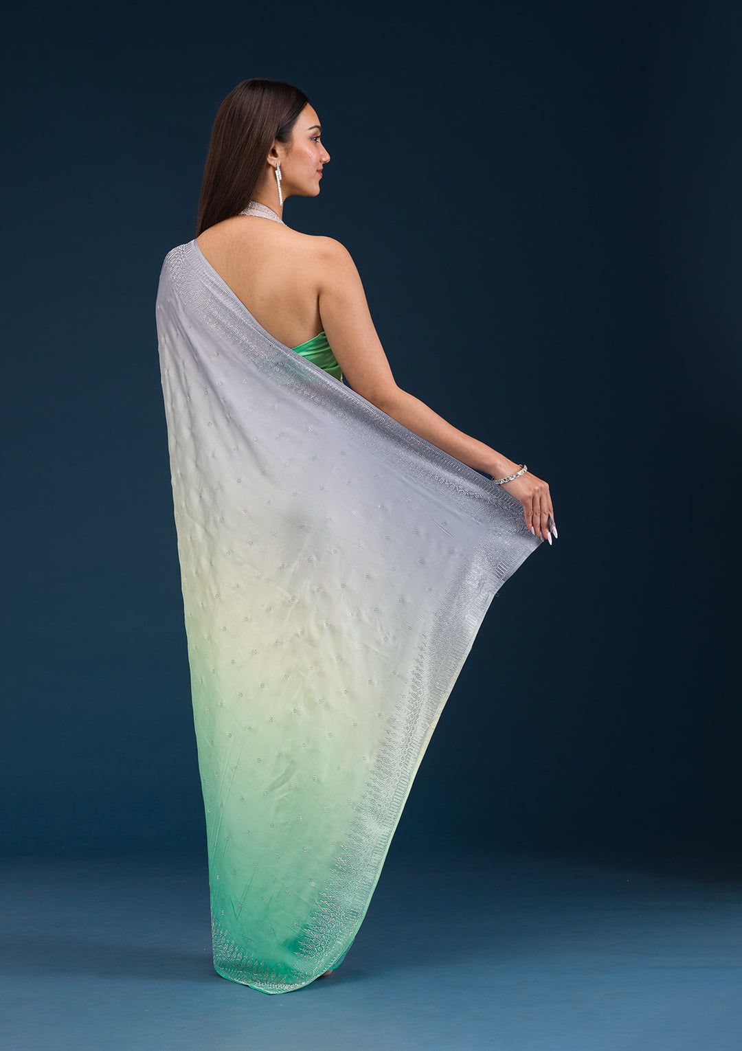 Grey Stonework Satin Saree - View 7