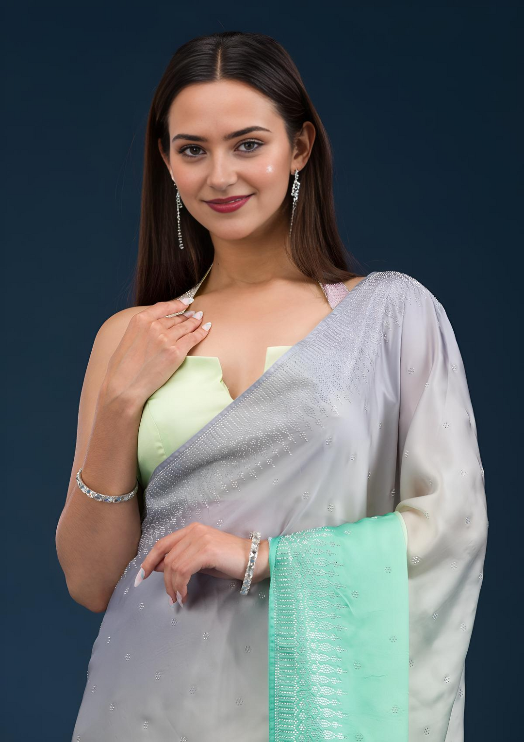 Grey Stonework Satin Saree - View 4