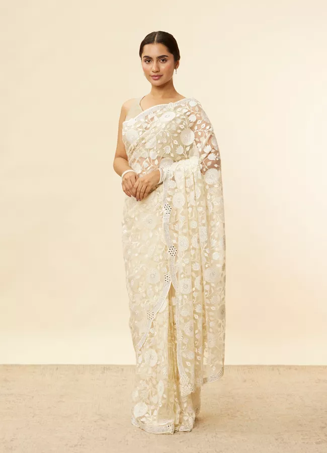 Ivory Cream Bel Buti Patterned Mirror and Stone Work Saree - View 3