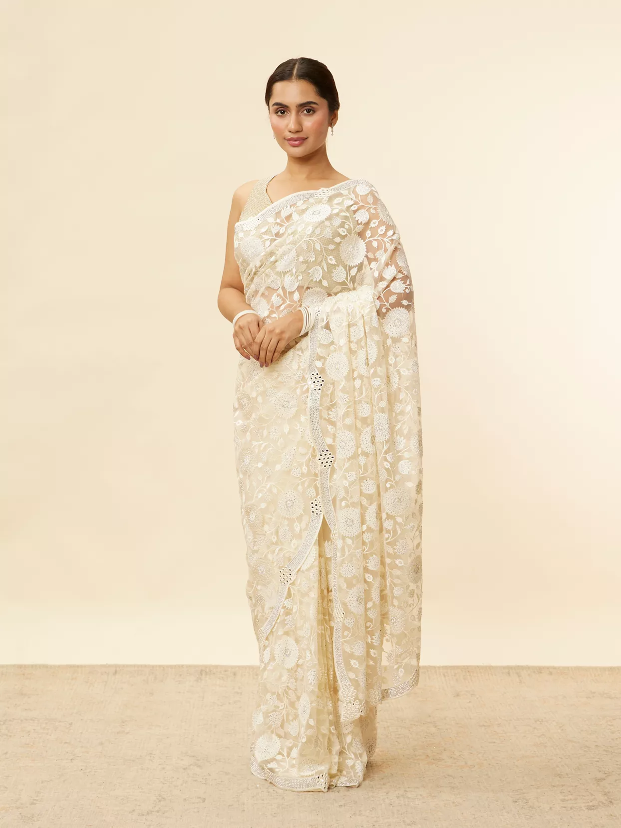 Ivory Cream Bel Buti Patterned Mirror and Stone Work Saree