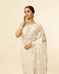 Ivory Cream Bel Buti Patterned Mirror and Stone Work Saree - View 5