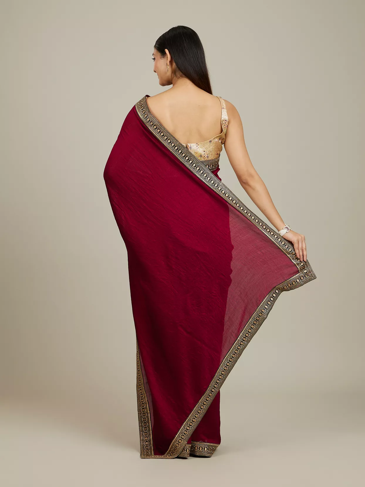 Rose Red Embroidered Border Saree - View 4