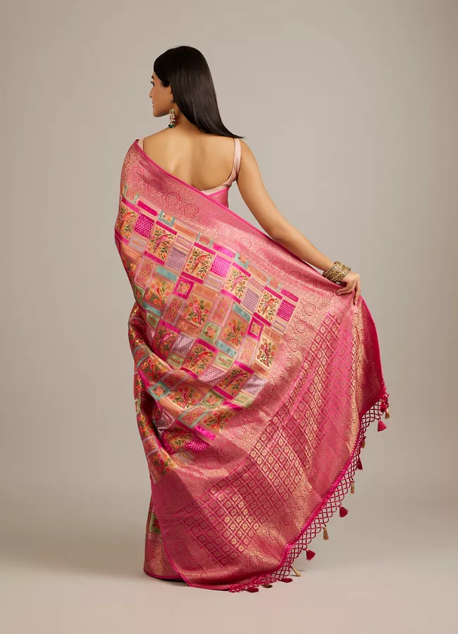 Rani Pink Grid Patterned Saree with Peacock Motifs - View 4