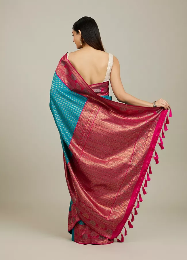 Rama Green Buta Patterned Saree with Floral Leaf Border - View 3