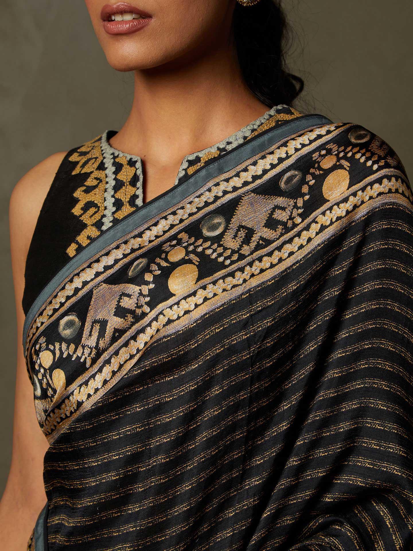 Black & Beige Noni Saree With Stitched Blouse - View 2