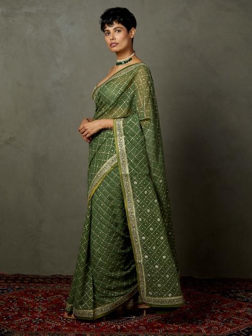 Khaki Rohira Saree With Unstitched Blouse - View 2