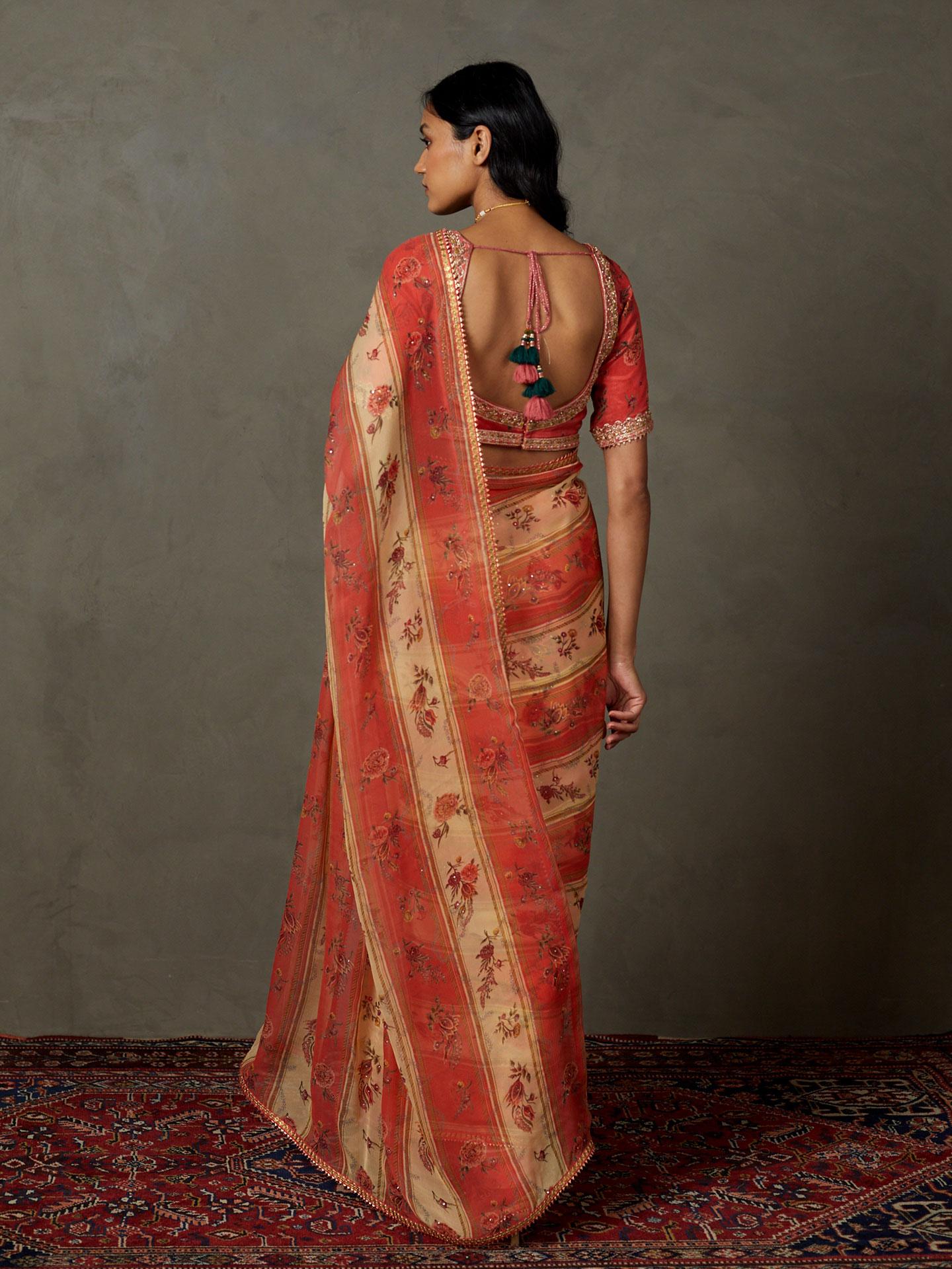 Peach & Multi Dahlia Saree With Unstitched Blouse - View 5