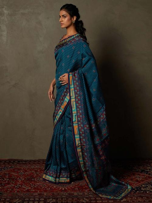 Teal & Navy Chowki Saree With Unstitched Blouse - View 6