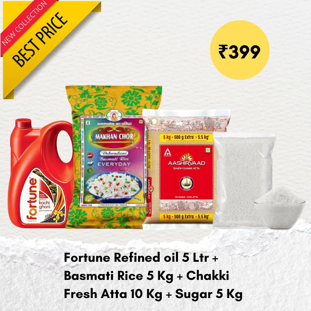 5L Fortune Refined Oil, 5Kg Makhan Chor Basmati Rice, 10Kg Aashirvaad Chakki Fresh Atta, 5Kg Sugar : Combo of 4