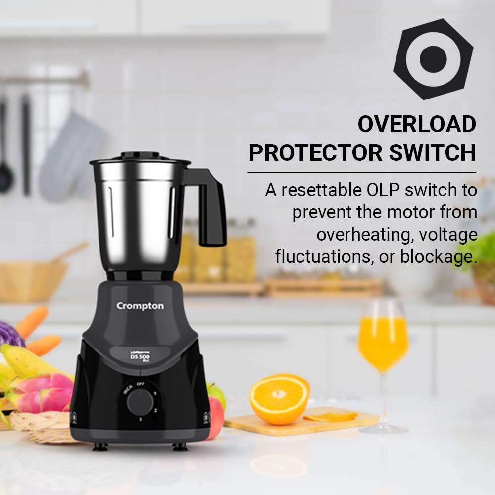 Crompton DS 500 BLK 500-Watt Mixer Grinder with Powertron Motor & Motor Vent-X Technology (3 Stainless Steel Jars, Black & Grey) - View 3