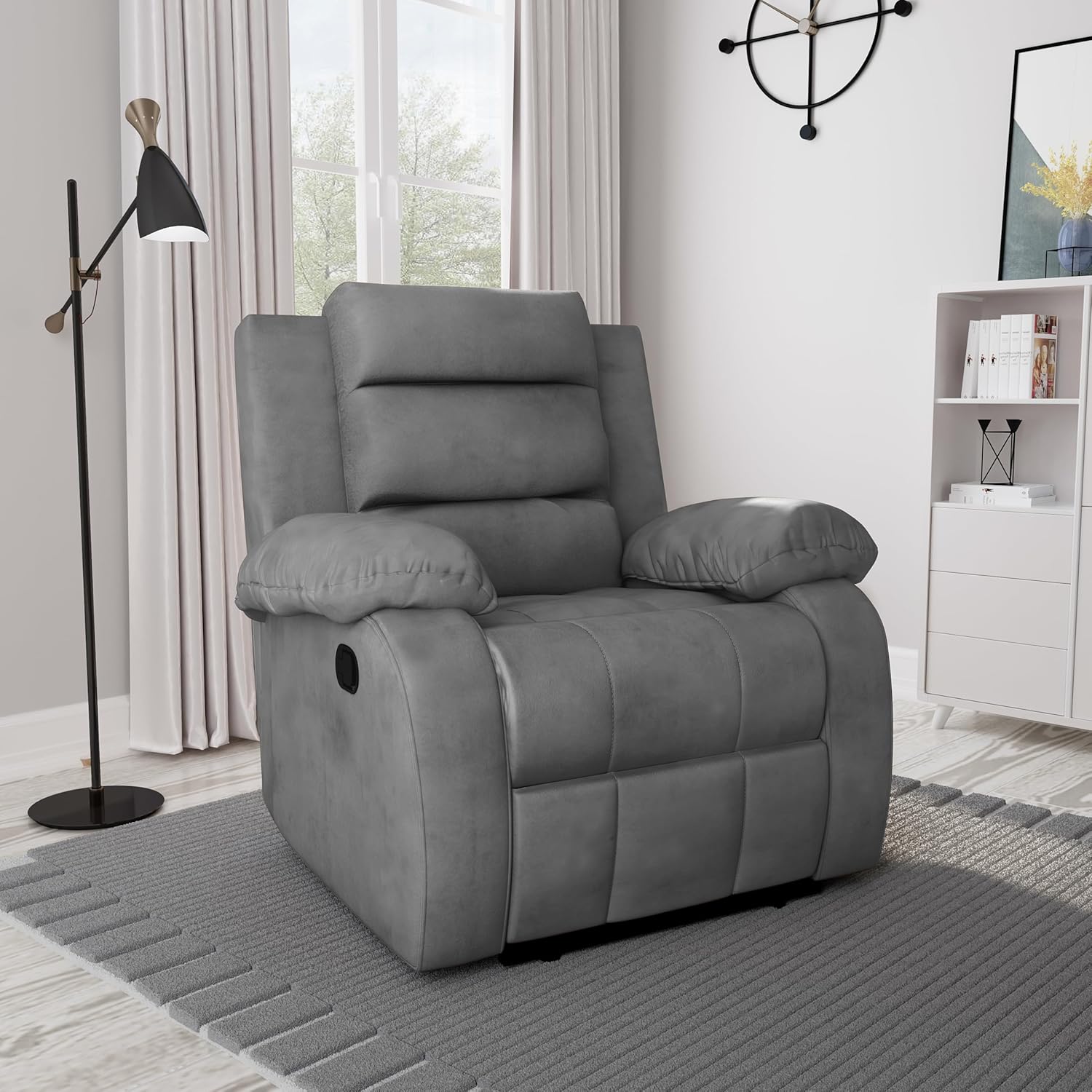 Bharat Lifestyle Austin Manual Recliner | 1 Seater Chair Sofa | Single Sofa Recliner| 3 Comfort Position | Wooden Frame | Suede Fabric | 1 Seater Recliner for Living Room Bedroom,1 Year Warranty, Grey