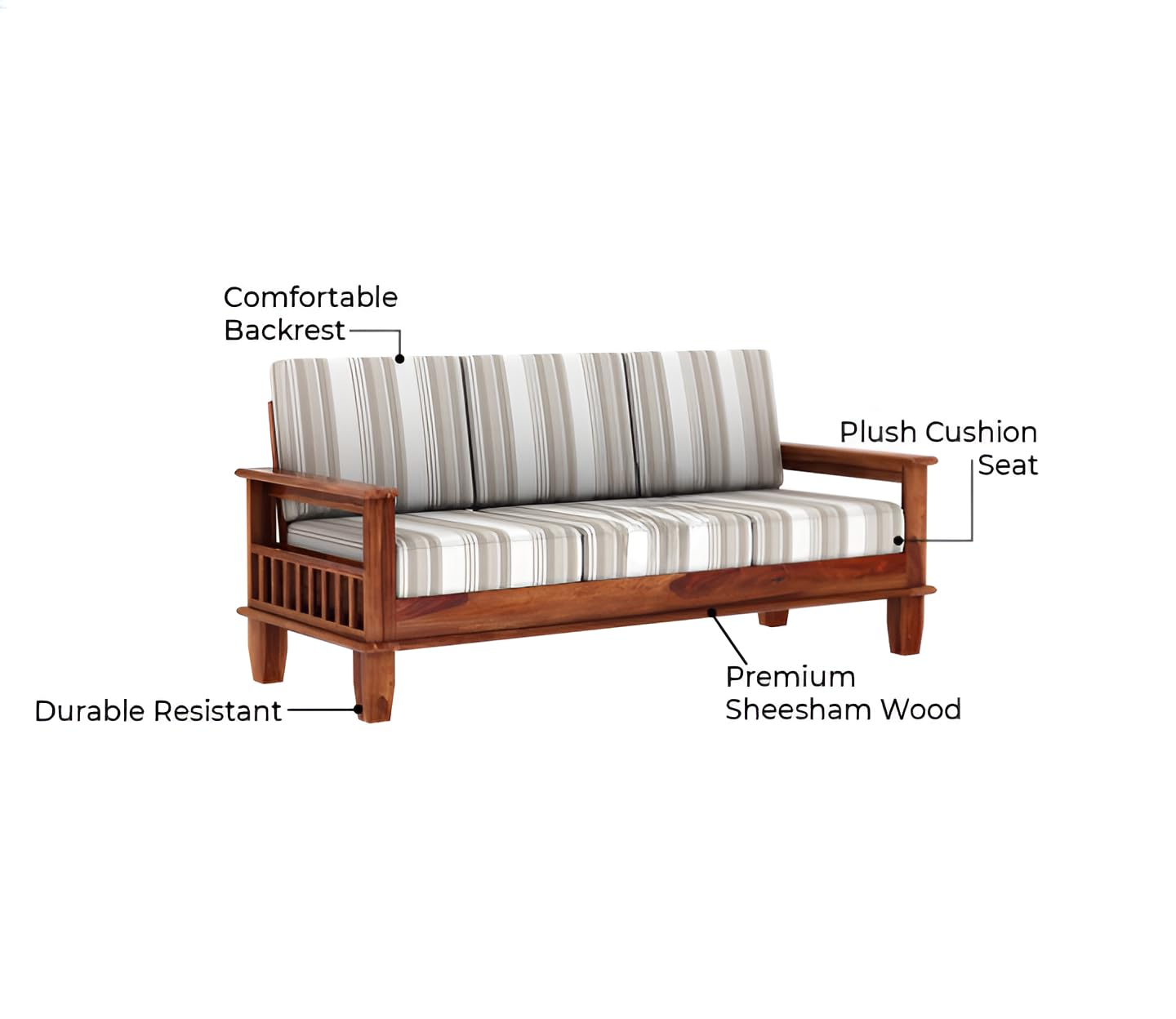 RATANDHARA FURNITURE Solid sheesham Wood Wooden 3 Seater Sofa for Living Room - Sofa with Cousins seat - Sitting Pretty 3-Seater Couch Design 2 (Honey Finish) - View 5