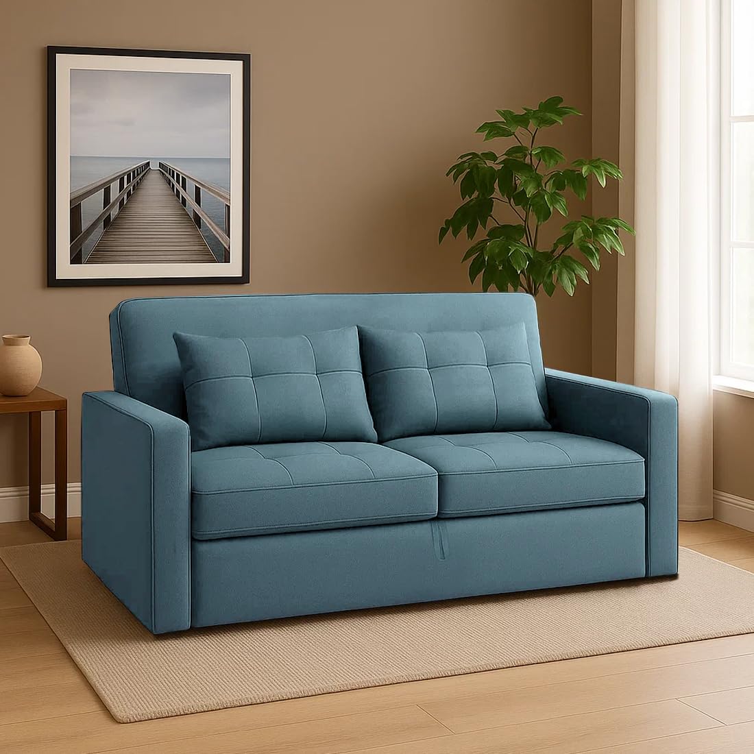 FURNY Tressa 2 Seater Pull-Out Premium Fabric Sofa Cum Bed Sofa Set for Living Room (Sky Blue Fabric) - View 3