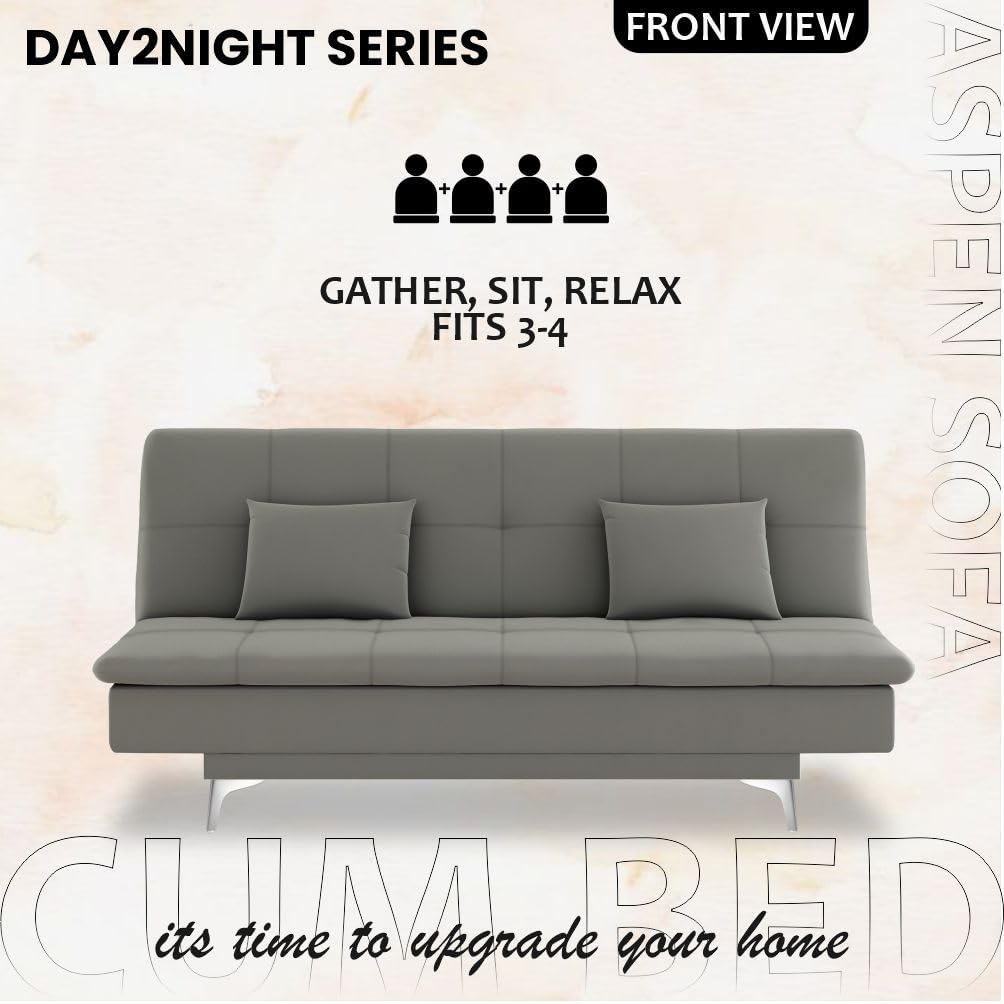 Adorn India Premium New Aspen 3 Seater Sofa Cum Bed 4X6 Velvet Suede with 2 Cushions (Color Grey) and Suitable for All Indoor, with 3 Years Warranty - View 3