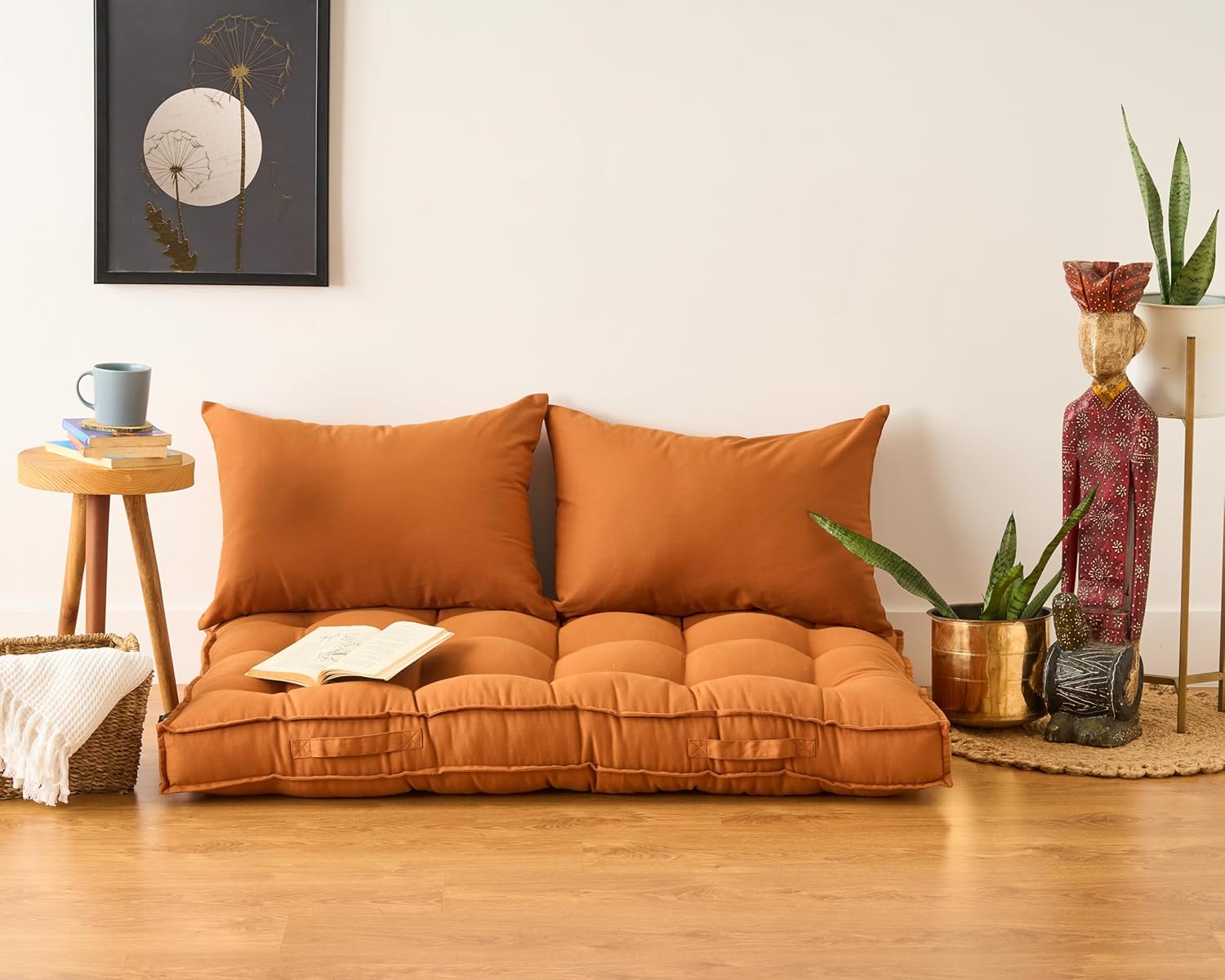 SKANDA FAB Low Seating Cushion -100% Cotton Twill, Hand-Plotted Microfiber Filling, Floor Cushion with 2 Back Support Cushions - Ideal for Living Room, Balcony, Lounge- 80x120 Brown (Pack of 1)