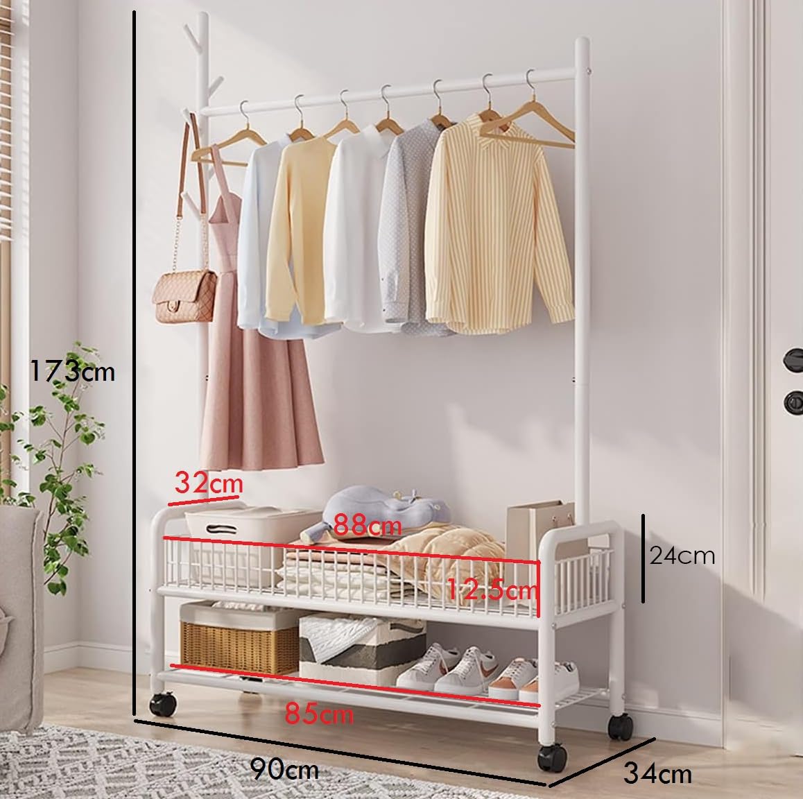 Lukzer | MGR-002 | White | Metal Cloth Stand & Garment Rack with Wheels, 2 Bottom Shelves & Single Rod ? Space-Saving Clothes Organizer for Bedroom, Laundry, Entryway & More | 173 x 90 x 34 cm - View 4