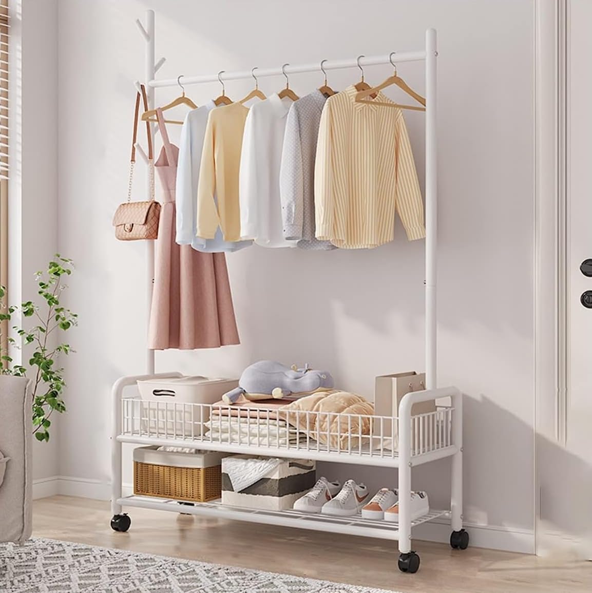 Lukzer | MGR-002 | White | Metal Cloth Stand & Garment Rack with Wheels, 2 Bottom Shelves & Single Rod ? Space-Saving Clothes Organizer for Bedroom, Laundry, Entryway & More | 173 x 90 x 34 cm