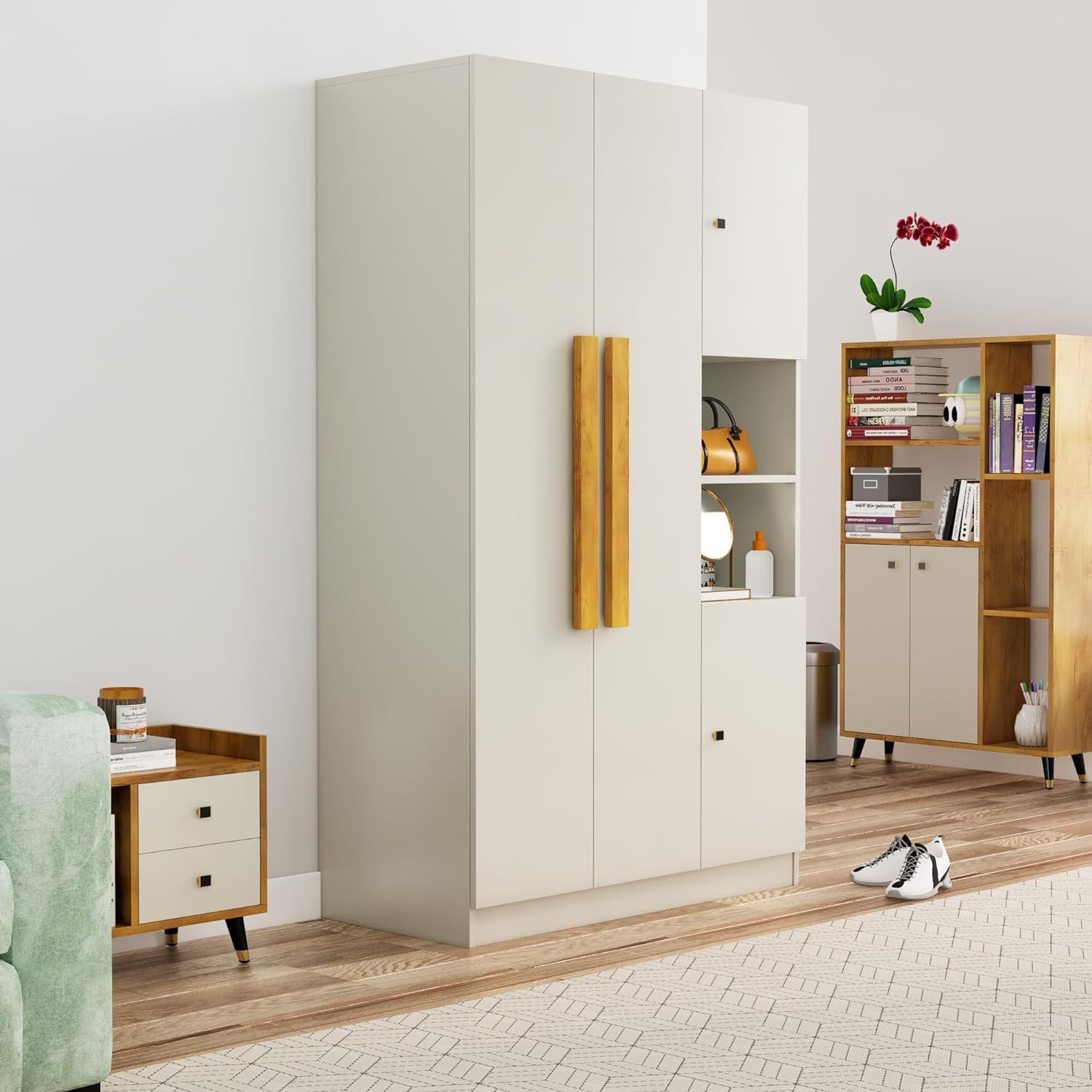 Bniture Wooden Almirah for Clothes, Door for Bedroom, 4 Door Wardrobe with Hanging Space (50D x 105W x 180H CM) |3 Year Warranty (Frosty White)
