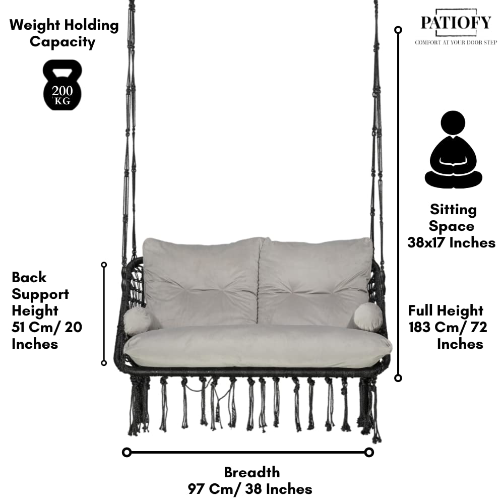 Double Seater Swing - 2 Seater Swing for Balcony with Large Grey Full Body Sitting Cushion (Black)-Polyester, 20 Cm - View 4