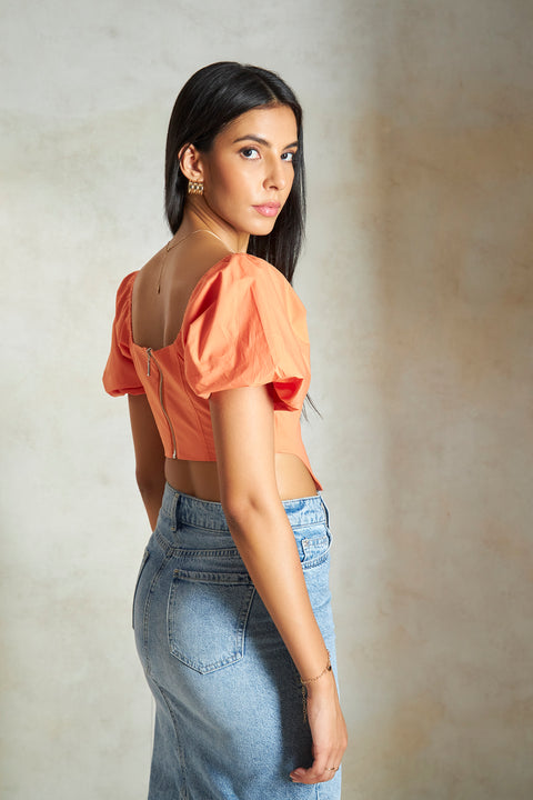 Ambreal 100% Cotton Corset Top With Puff Sleeves - View 3